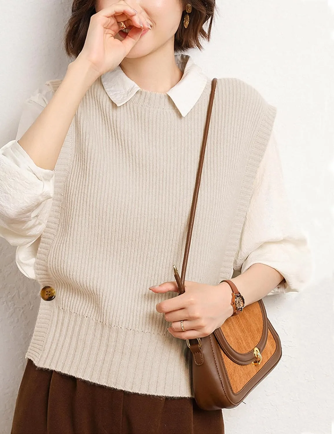 Womens Round Neck Knit Tank Vest Split Split Pullover Sleeveless Ribbed Knit Sweater Vest Tops