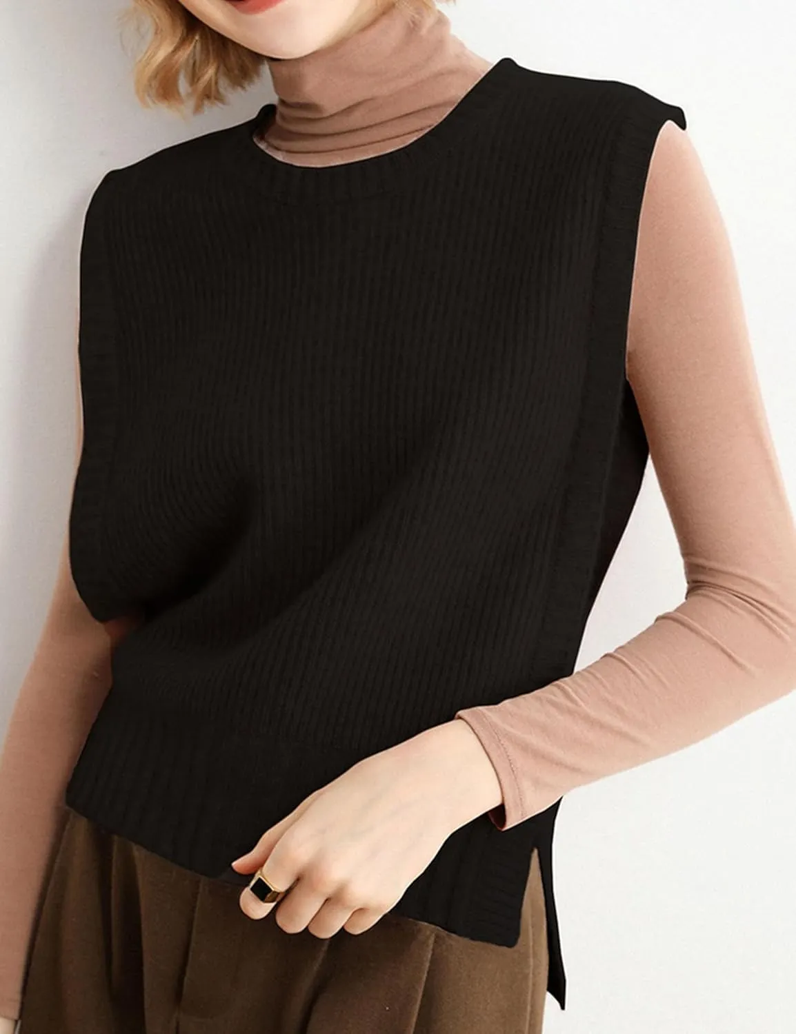 Womens Round Neck Knit Tank Vest Split Split Pullover Sleeveless Ribbed Knit Sweater Vest Tops
