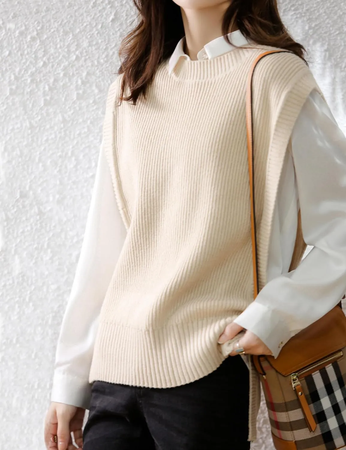 Womens Round Neck Knit Tank Vest Split Split Pullover Sleeveless Ribbed Knit Sweater Vest Tops