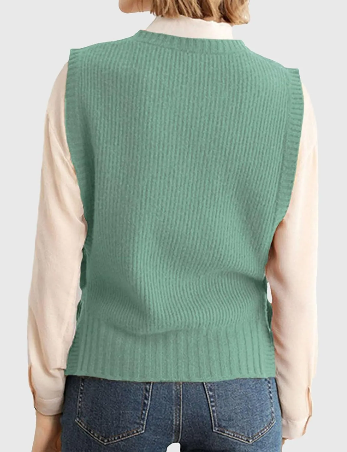 Womens Round Neck Knit Tank Vest Split Split Pullover Sleeveless Ribbed Knit Sweater Vest Tops
