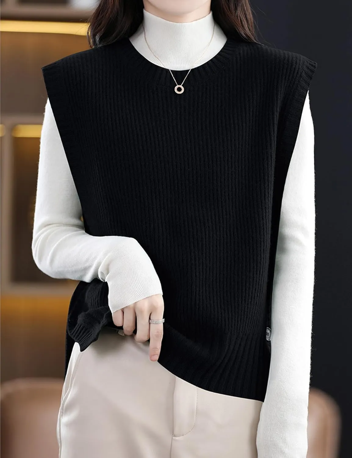 Womens Round Neck Knit Tank Vest Split Split Pullover Sleeveless Ribbed Knit Sweater Vest Tops