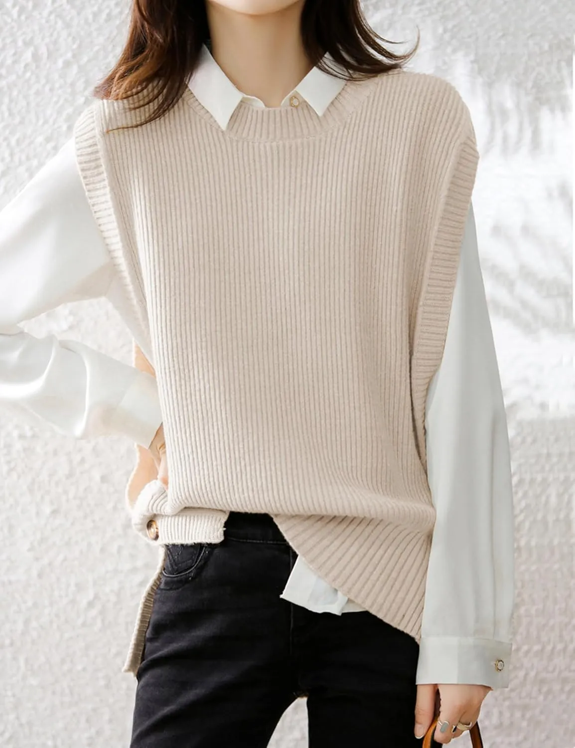 Womens Round Neck Knit Tank Vest Split Split Pullover Sleeveless Ribbed Knit Sweater Vest Tops