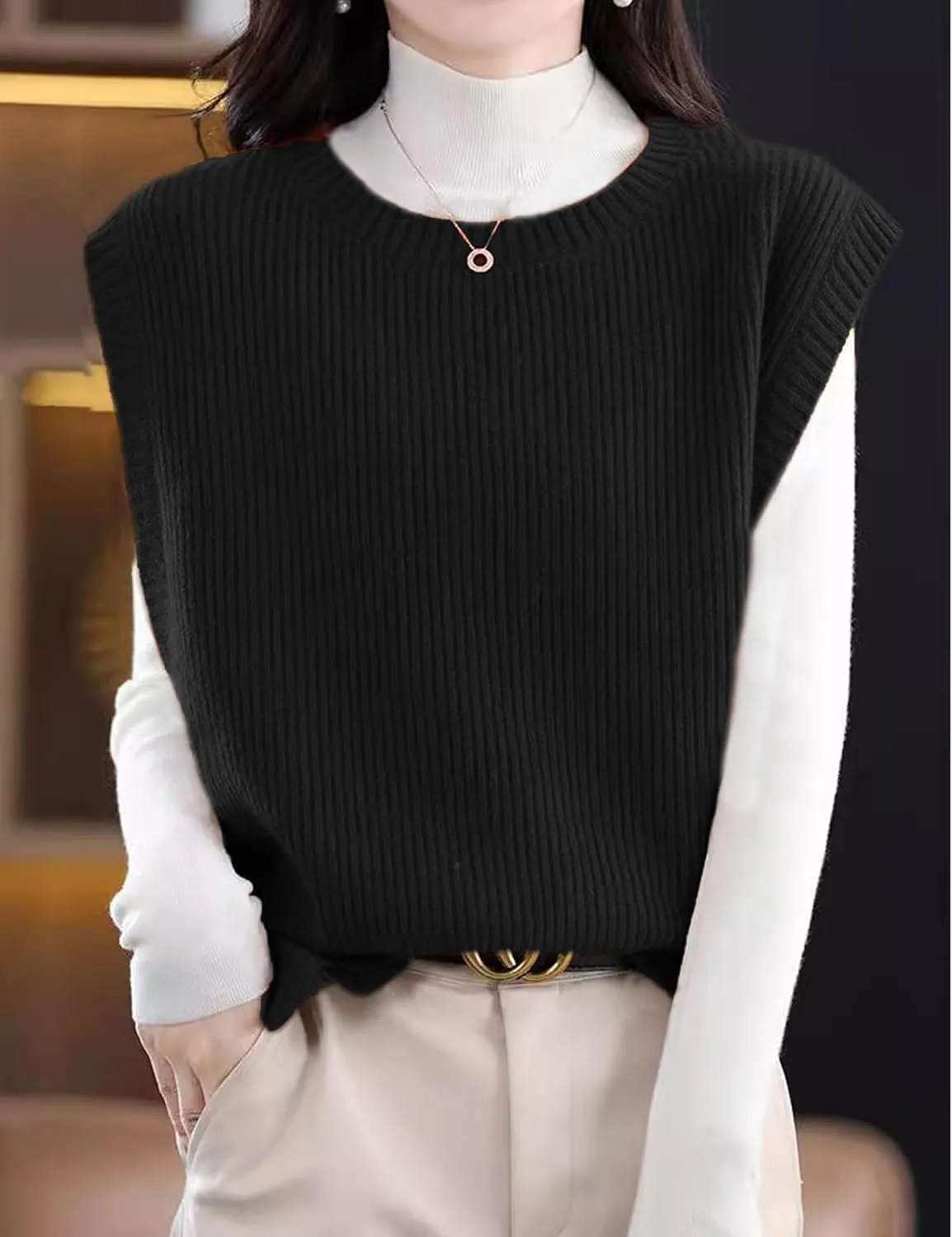 Womens Round Neck Knit Tank Vest Split Split Pullover Sleeveless Ribbed Knit Sweater Vest Tops
