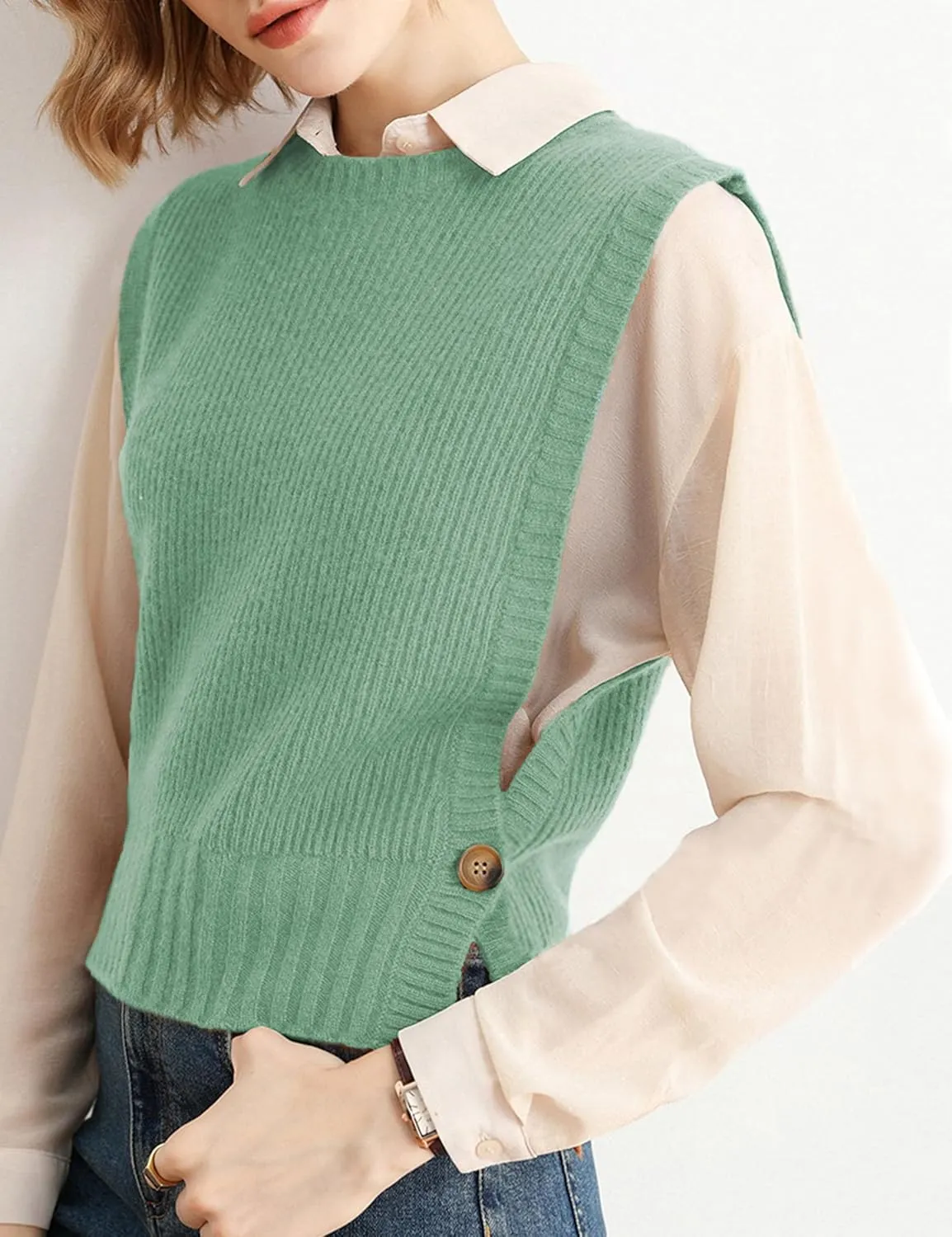 Womens Round Neck Knit Tank Vest Split Split Pullover Sleeveless Ribbed Knit Sweater Vest Tops