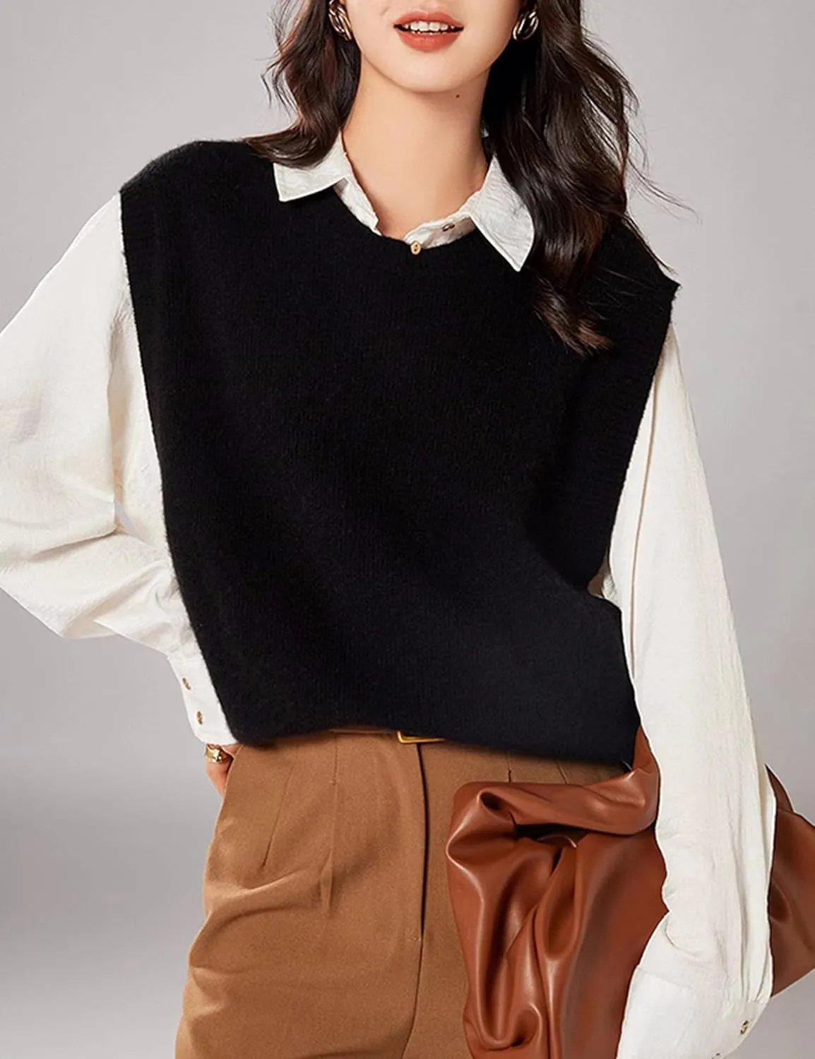Womens Round Neck Knit Tank Vest Split Split Pullover Sleeveless Ribbed Knit Sweater Vest Tops
