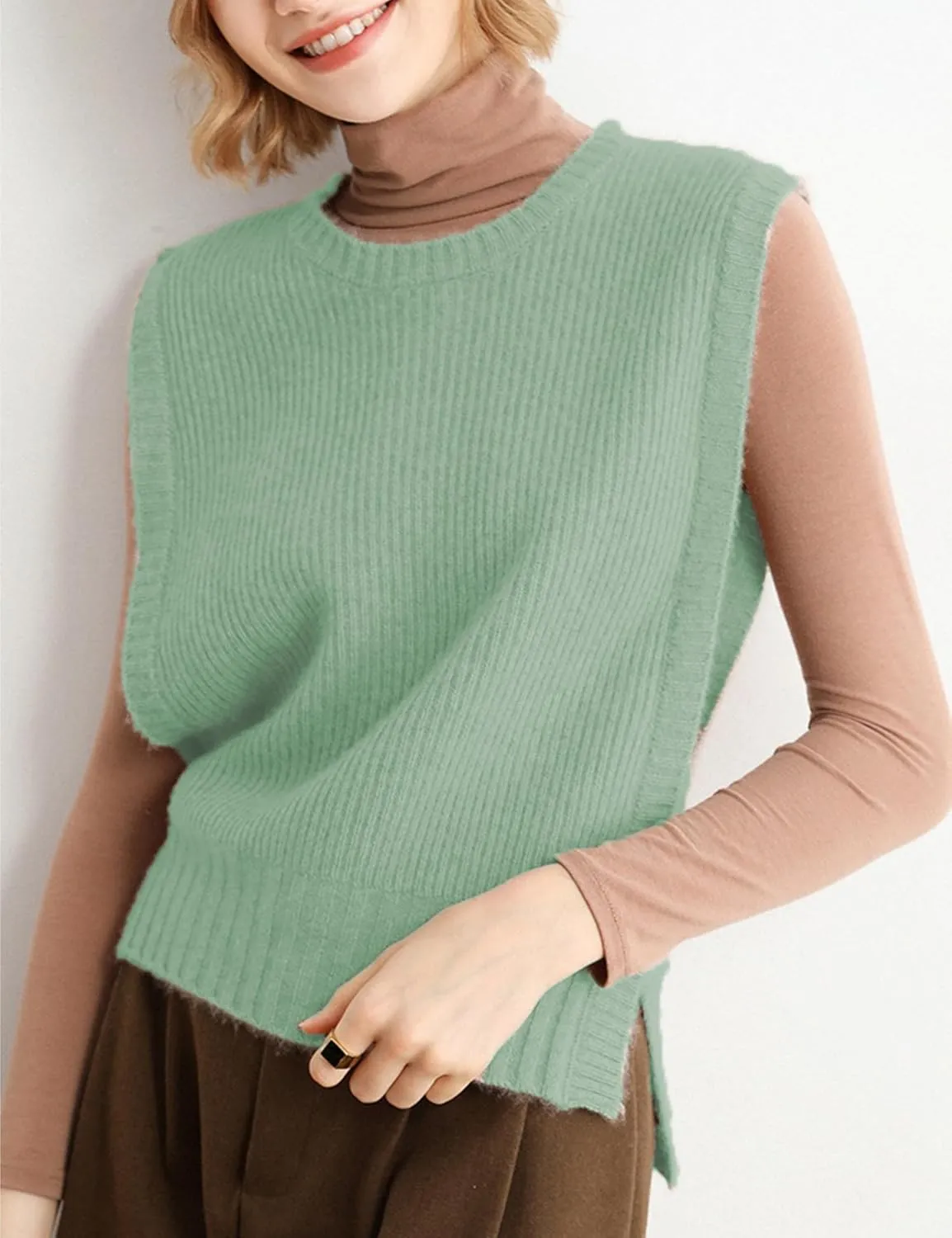 Womens Round Neck Knit Tank Vest Split Split Pullover Sleeveless Ribbed Knit Sweater Vest Tops