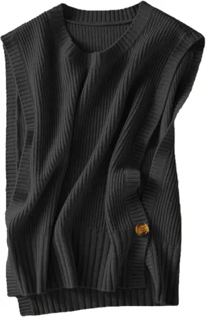 Womens Round Neck Knit Tank Vest Split Split Pullover Sleeveless Ribbed Knit Sweater Vest Tops