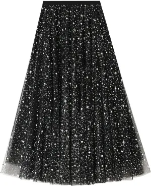 Womens Sequin Tulle Skirts Stretch Waist Layered Pleated A-Line Midi Skirt Prom Party Flowy Skirts