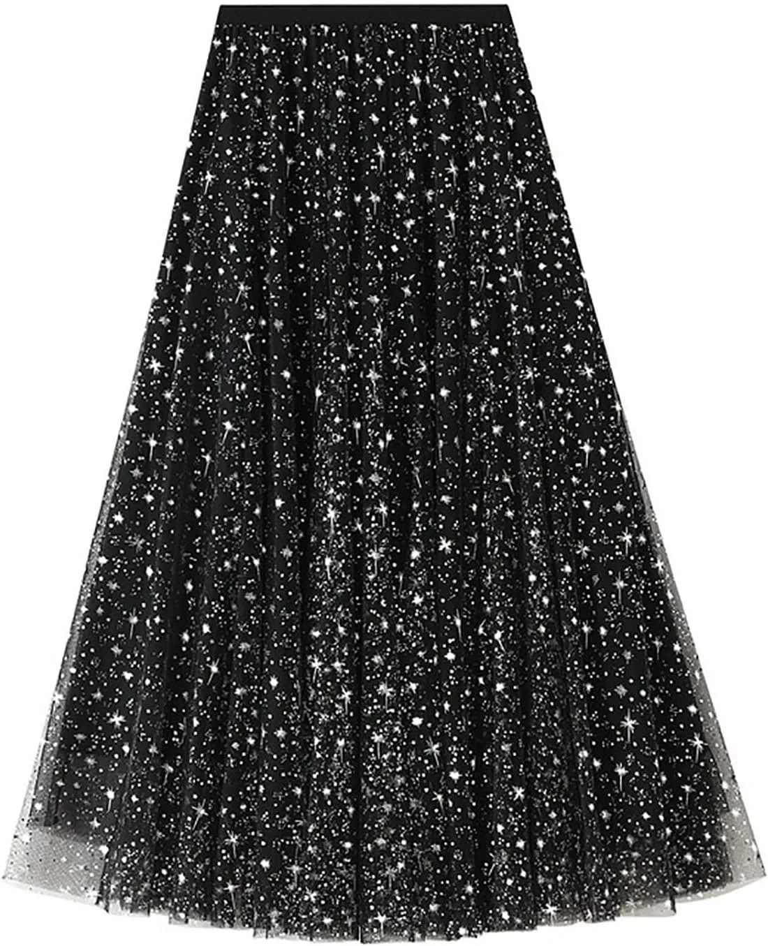 Womens Sequin Tulle Skirts Stretch Waist Layered Pleated A-Line Midi Skirt Prom Party Flowy Skirts