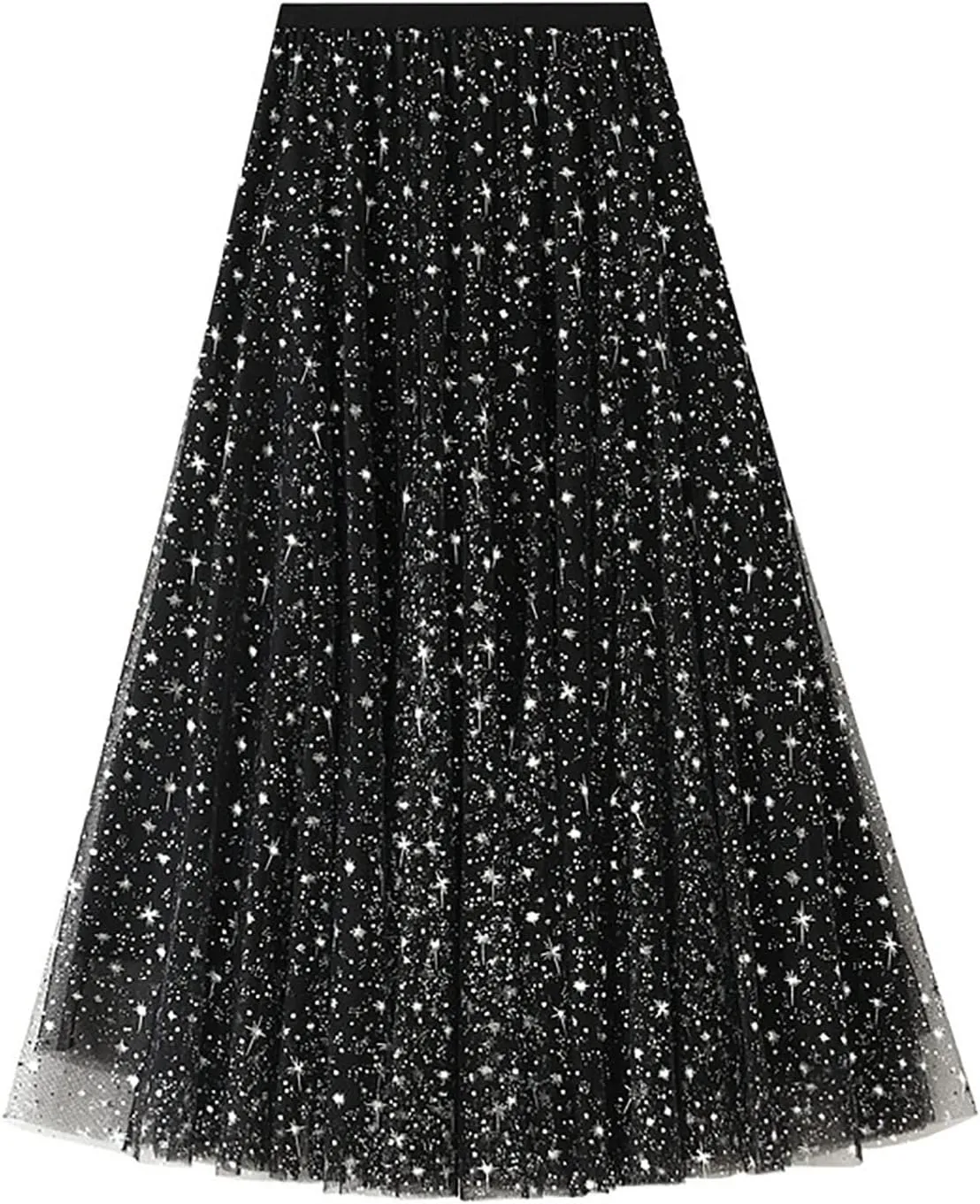 Womens Sequin Tulle Skirts Stretch Waist Layered Pleated A-Line Midi Skirt Prom Party Flowy Skirts