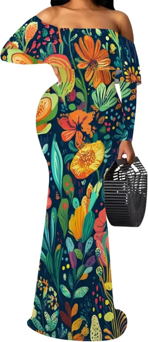Women's Sexy Midi Off Shoulder Long Sleeve Bodycon Dresses Date Club Party Casual Maxi Dress