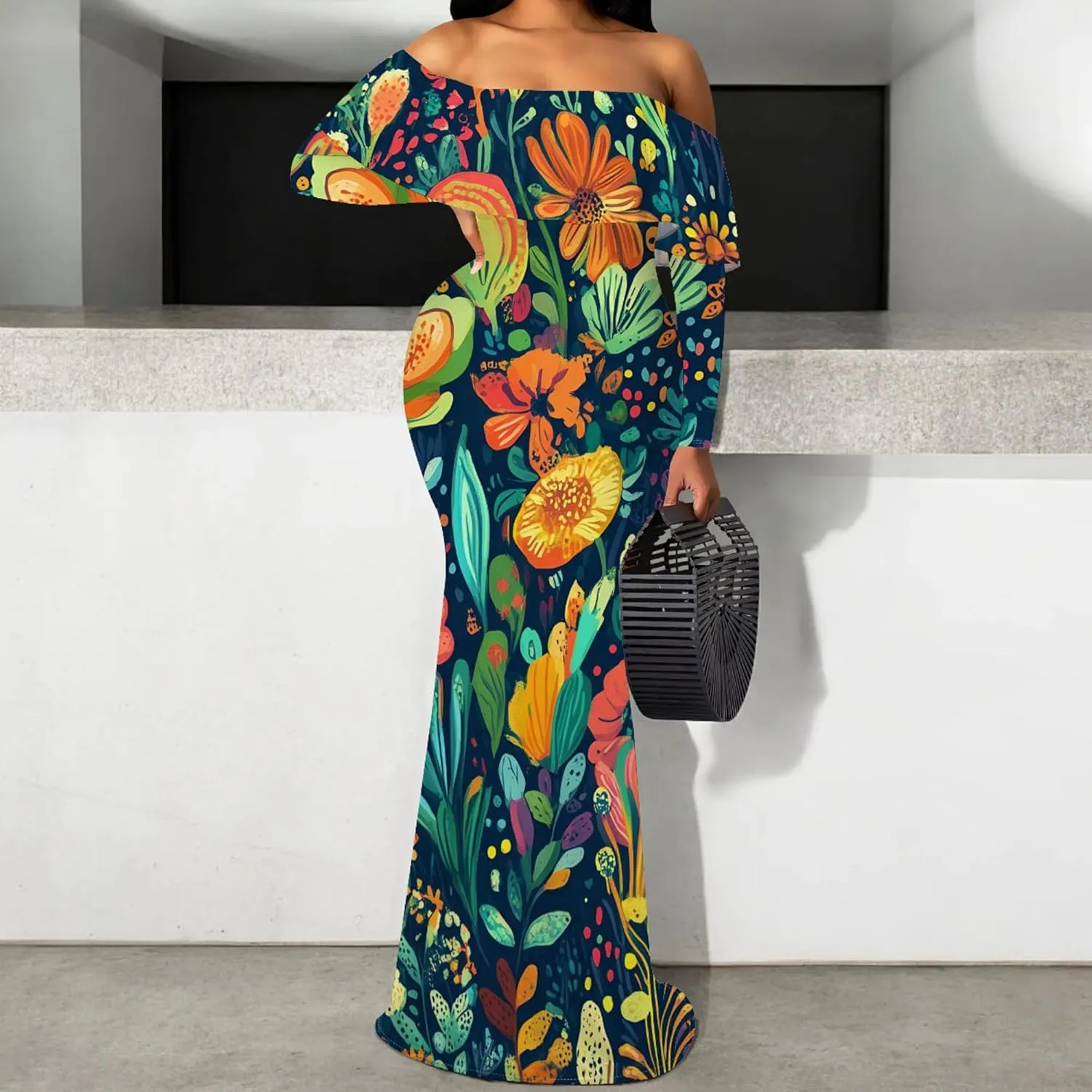 Women's Sexy Midi Off Shoulder Long Sleeve Bodycon Dresses Date Club Party Casual Maxi Dress