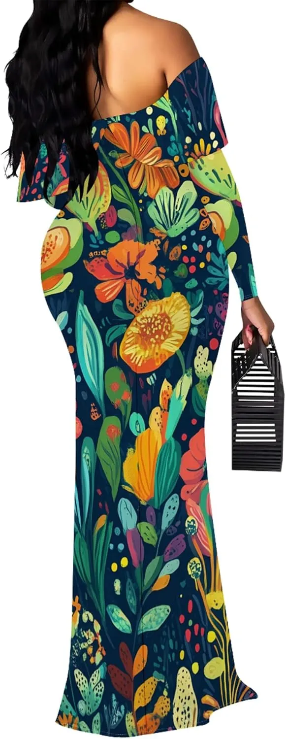 Women's Sexy Midi Off Shoulder Long Sleeve Bodycon Dresses Date Club Party Casual Maxi Dress