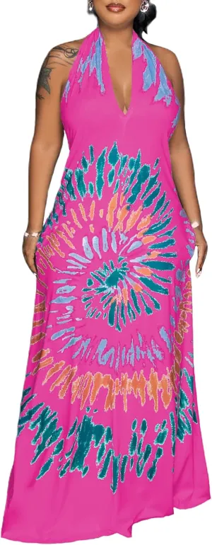 Womens Sexy Summer Dresses Halter Neck Plus Size Long Maxi Dress Casual Floral Beach Sun Dresses with Pockets