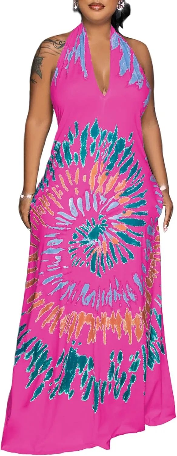 Womens Sexy Summer Dresses Halter Neck Plus Size Long Maxi Dress Casual Floral Beach Sun Dresses with Pockets