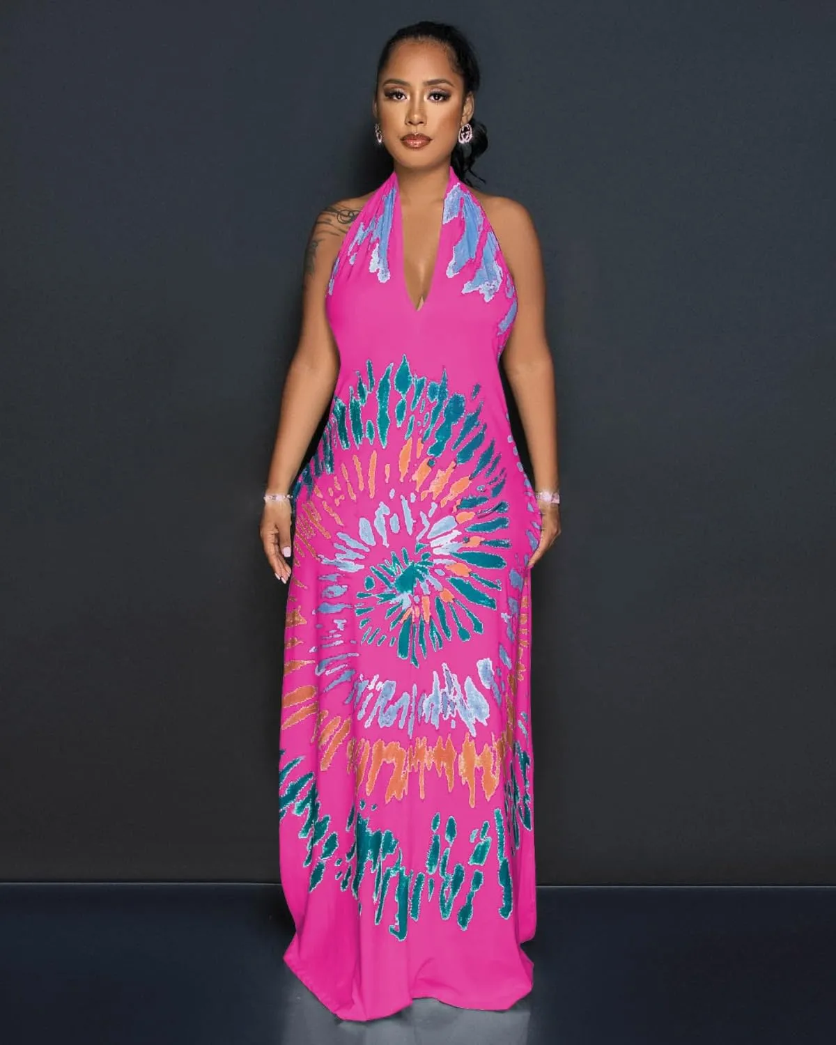 Womens Sexy Summer Dresses Halter Neck Plus Size Long Maxi Dress Casual Floral Beach Sun Dresses with Pockets