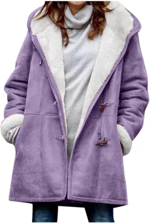 Womens Sherpa Lined Jackets Fashion Winter Fuzzy Fleece Hoodie Sweatshirt Casual Soft Cozy Horn Button Down Coats