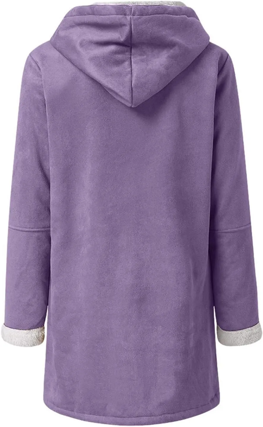 Womens Sherpa Lined Jackets Fashion Winter Fuzzy Fleece Hoodie Sweatshirt Casual Soft Cozy Horn Button Down Coats