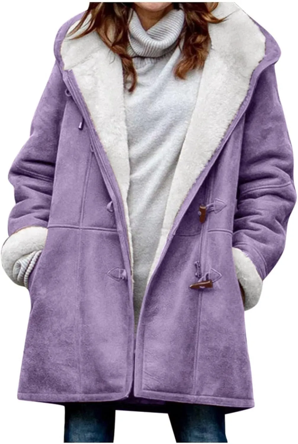 Womens Sherpa Lined Jackets Fashion Winter Fuzzy Fleece Hoodie Sweatshirt Casual Soft Cozy Horn Button Down Coats