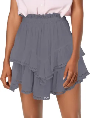Women's Skirts Trendy 2025 Summer Casual Loose Elastic Waist Solid Color Pleated Sun Tennis Beach Skirt, S-2XL