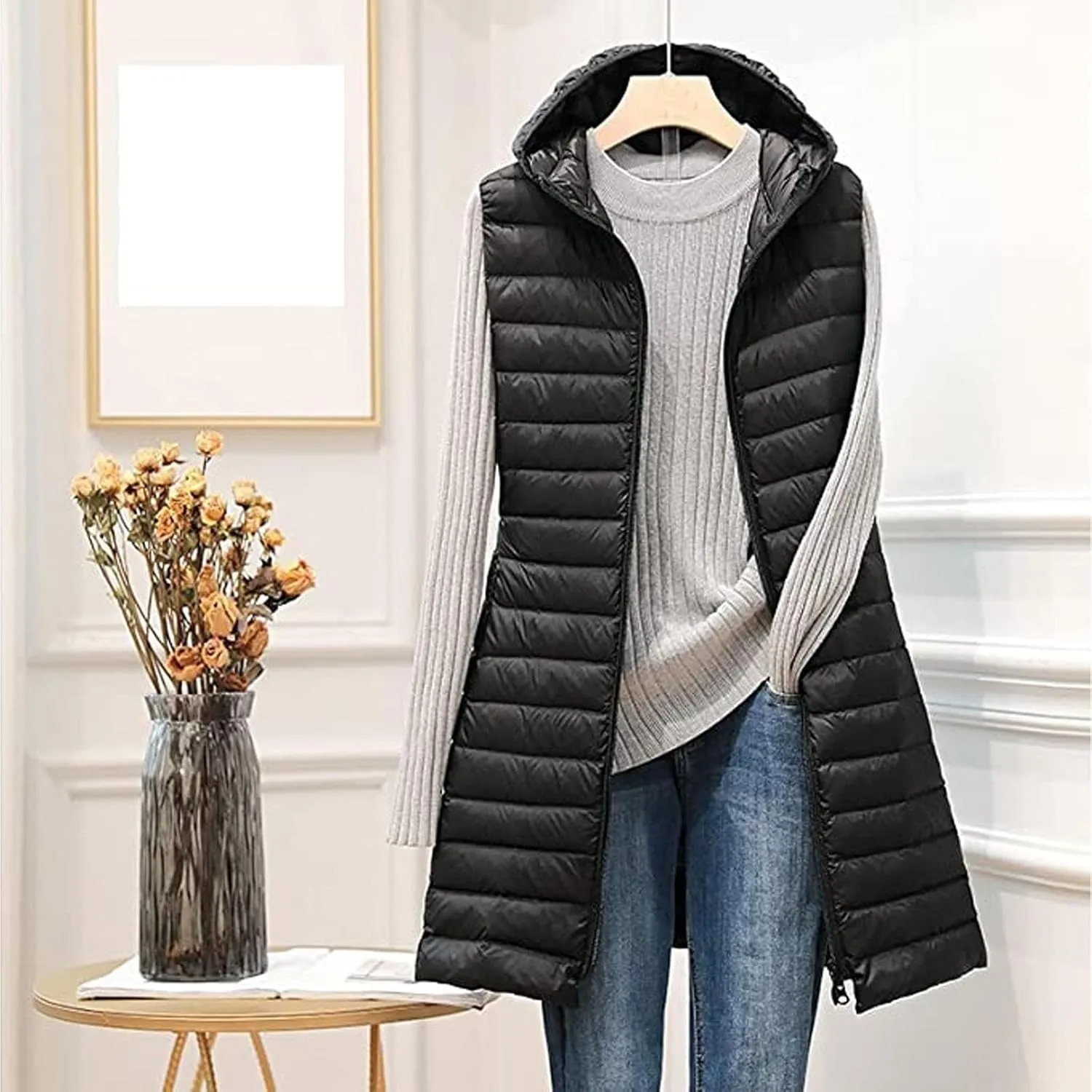 Womens Sleeveless Quilted Long Puffer Vest Hooded Winter Warm Slim Zip Coat Packable Long Vest Outerwear Winter