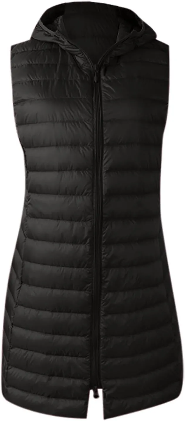 Womens Sleeveless Quilted Long Puffer Vest Hooded Winter Warm Slim Zip Coat Packable Long Vest Outerwear Winter
