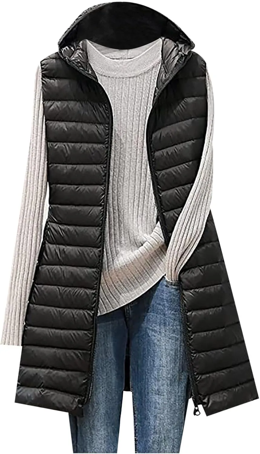 Womens Sleeveless Quilted Long Puffer Vest Hooded Winter Warm Slim Zip Coat Packable Long Vest Outerwear Winter