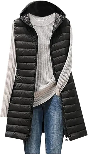 Womens Sleeveless Quilted Long Puffer Vest Hooded Winter Warm Slim Zip Coat Packable Long Vest Outerwear Winter