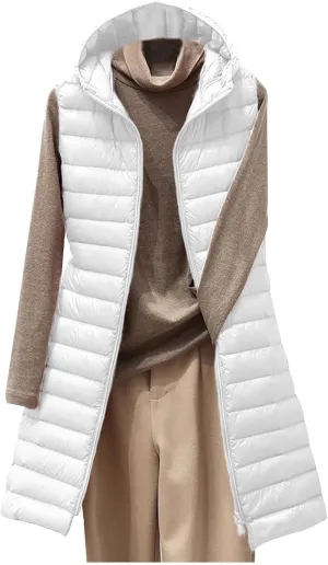 Womens Sleeveless Quilted Long Puffer Vest Hooded Winter Warm Slim Zip Coat Packable Long Vest Outerwear Winter