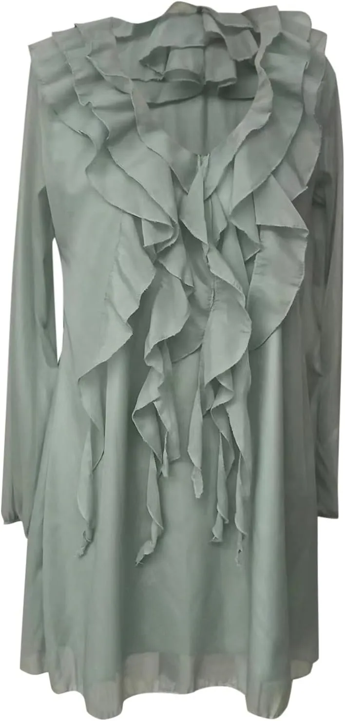 Women's Solid Color Loose Fit Fashion Floral Turn Down Long Sleeve Sun Chiffon Blouse Loos Dress for Women