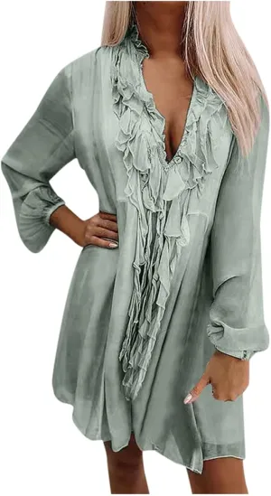 Women's Solid Color Loose Fit Fashion Floral Turn Down Long Sleeve Sun Chiffon Blouse Loos Dress for Women