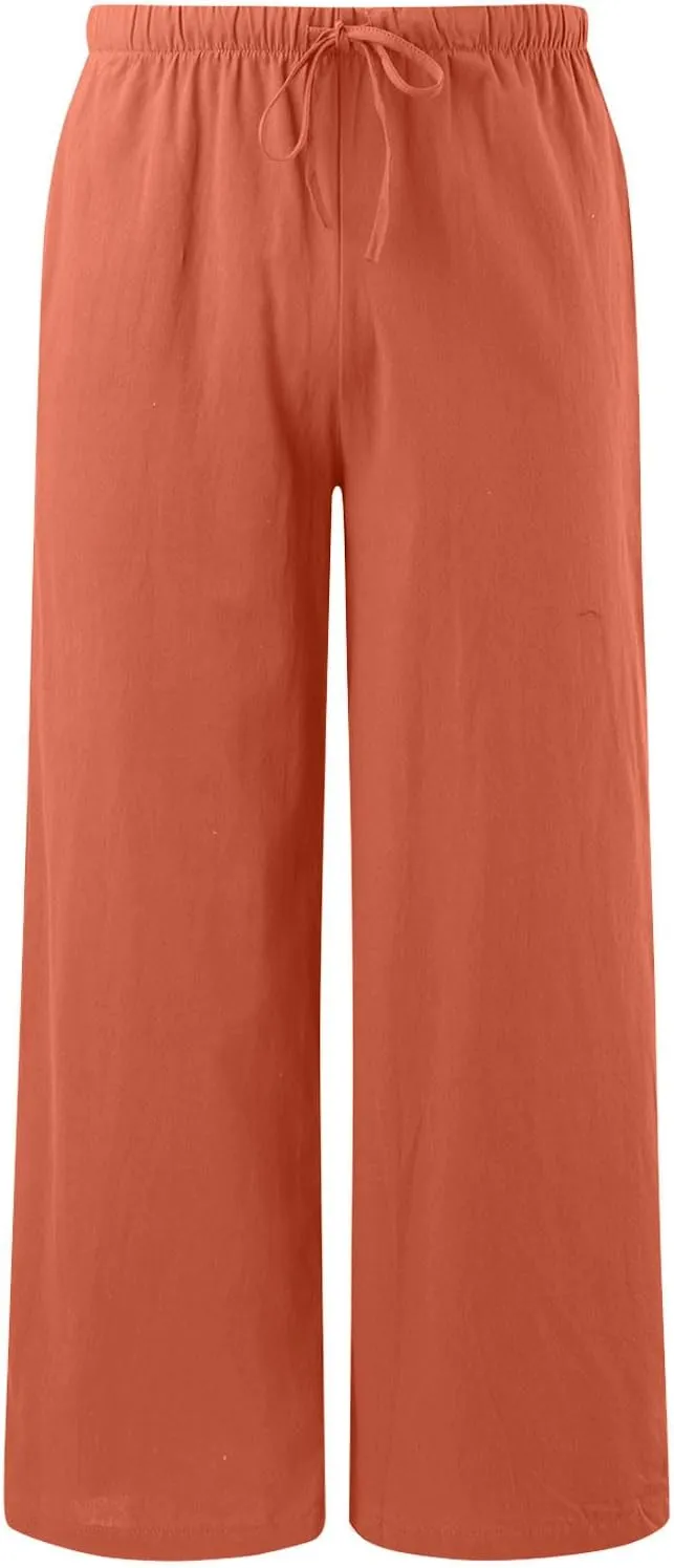 Women's Summer Cotton Linen Pants High Waist Drawstring Palazzo Pants Flowy Trousers Beach Bottom Lounge Pants with Pockets
