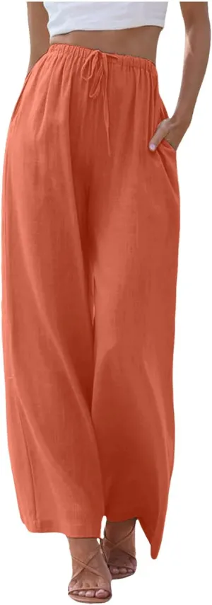 Women's Summer Cotton Linen Pants High Waist Drawstring Palazzo Pants Flowy Trousers Beach Bottom Lounge Pants with Pockets
