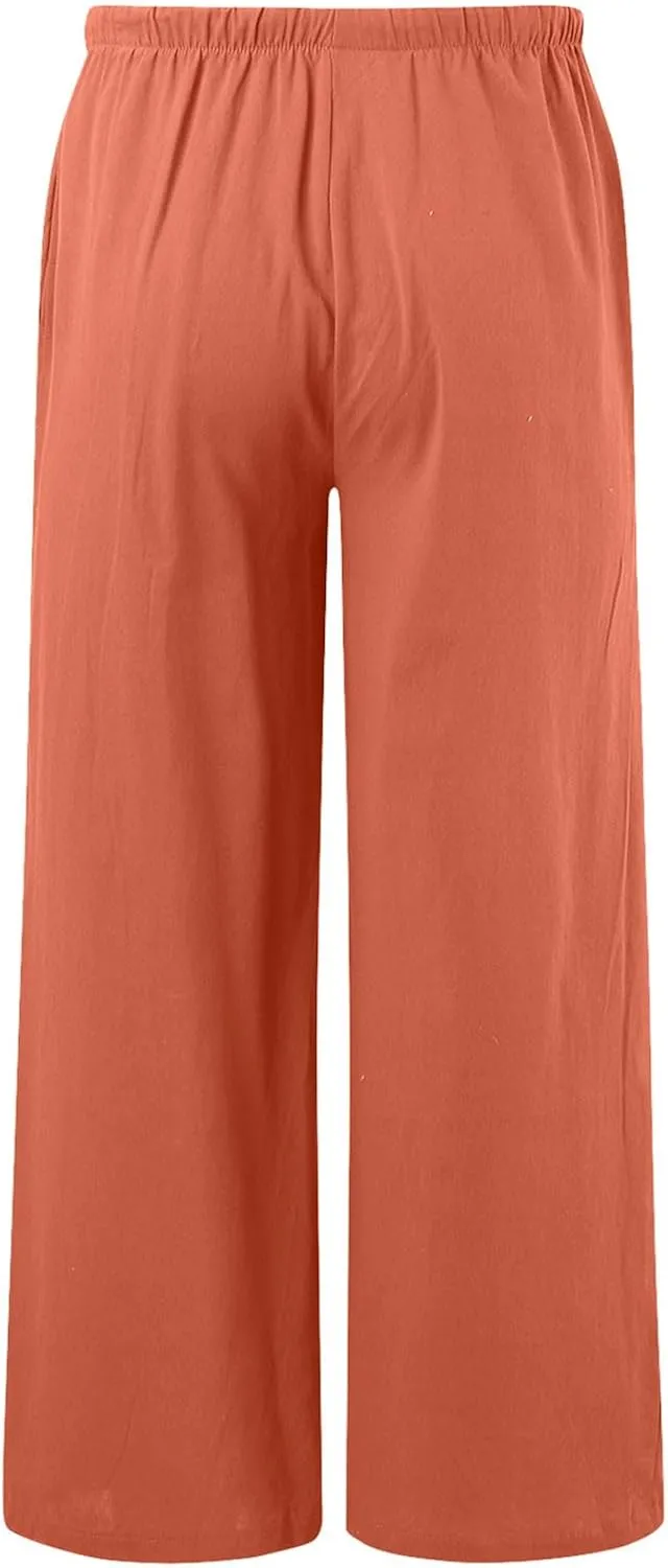 Women's Summer Cotton Linen Pants High Waist Drawstring Palazzo Pants Flowy Trousers Beach Bottom Lounge Pants with Pockets