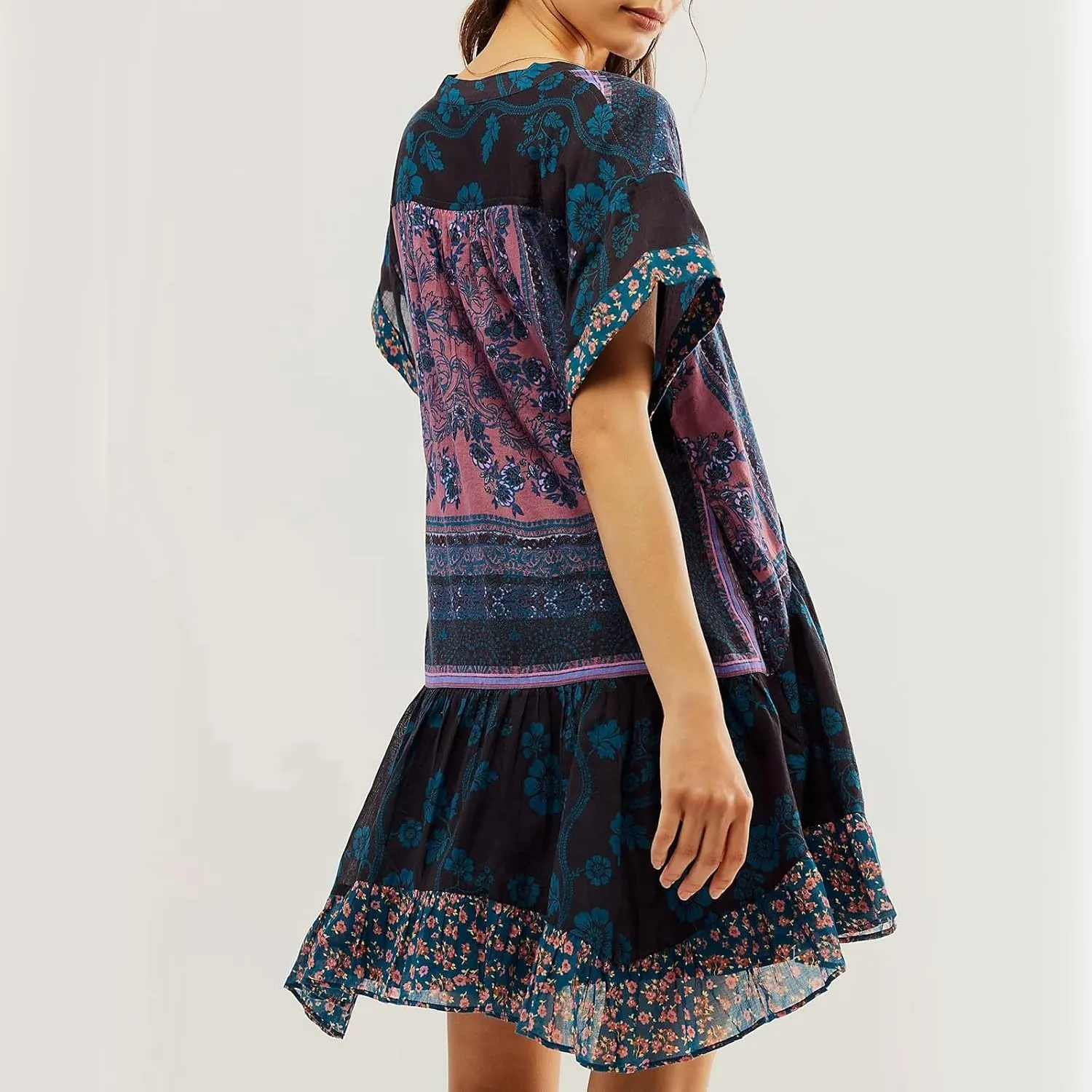 Womens Summer Dresses Short Sleeve V Neck Casual Beach Dresses Vintage Boho Dress A-Line Swing Mini Babydoll Dress