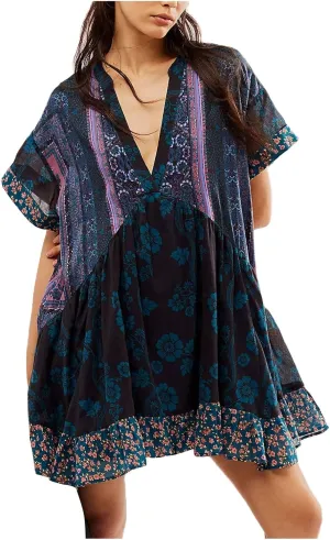 Womens Summer Dresses Short Sleeve V Neck Casual Beach Dresses Vintage Boho Dress A-Line Swing Mini Babydoll Dress