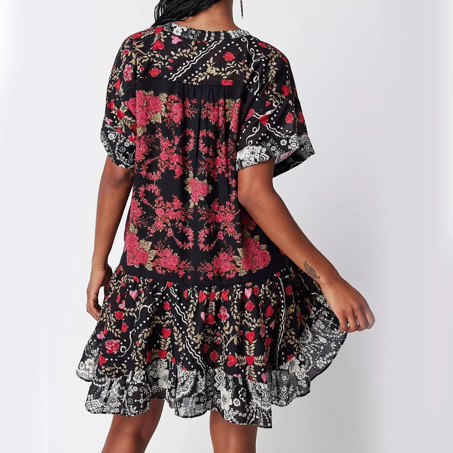 Womens Summer Dresses Short Sleeve V Neck Casual Beach Dresses Vintage Boho Dress A-Line Swing Mini Babydoll Dress