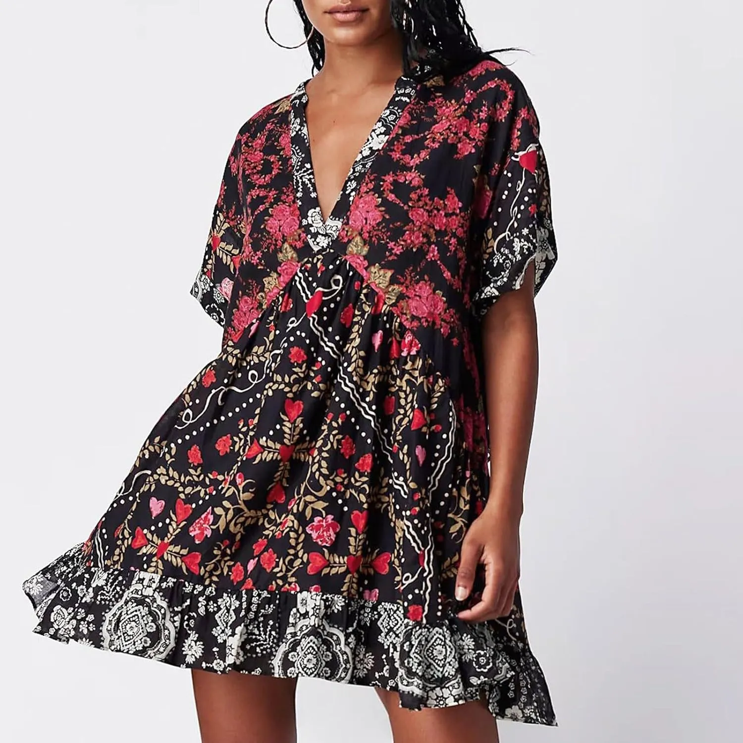 Womens Summer Dresses Short Sleeve V Neck Casual Beach Dresses Vintage Boho Dress A-Line Swing Mini Babydoll Dress