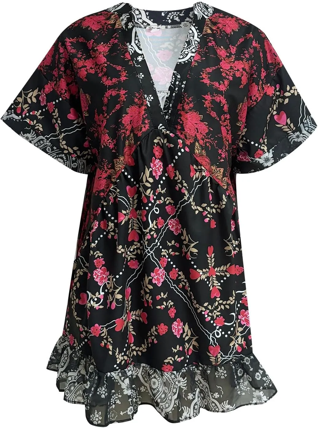 Womens Summer Dresses Short Sleeve V Neck Casual Beach Dresses Vintage Boho Dress A-Line Swing Mini Babydoll Dress