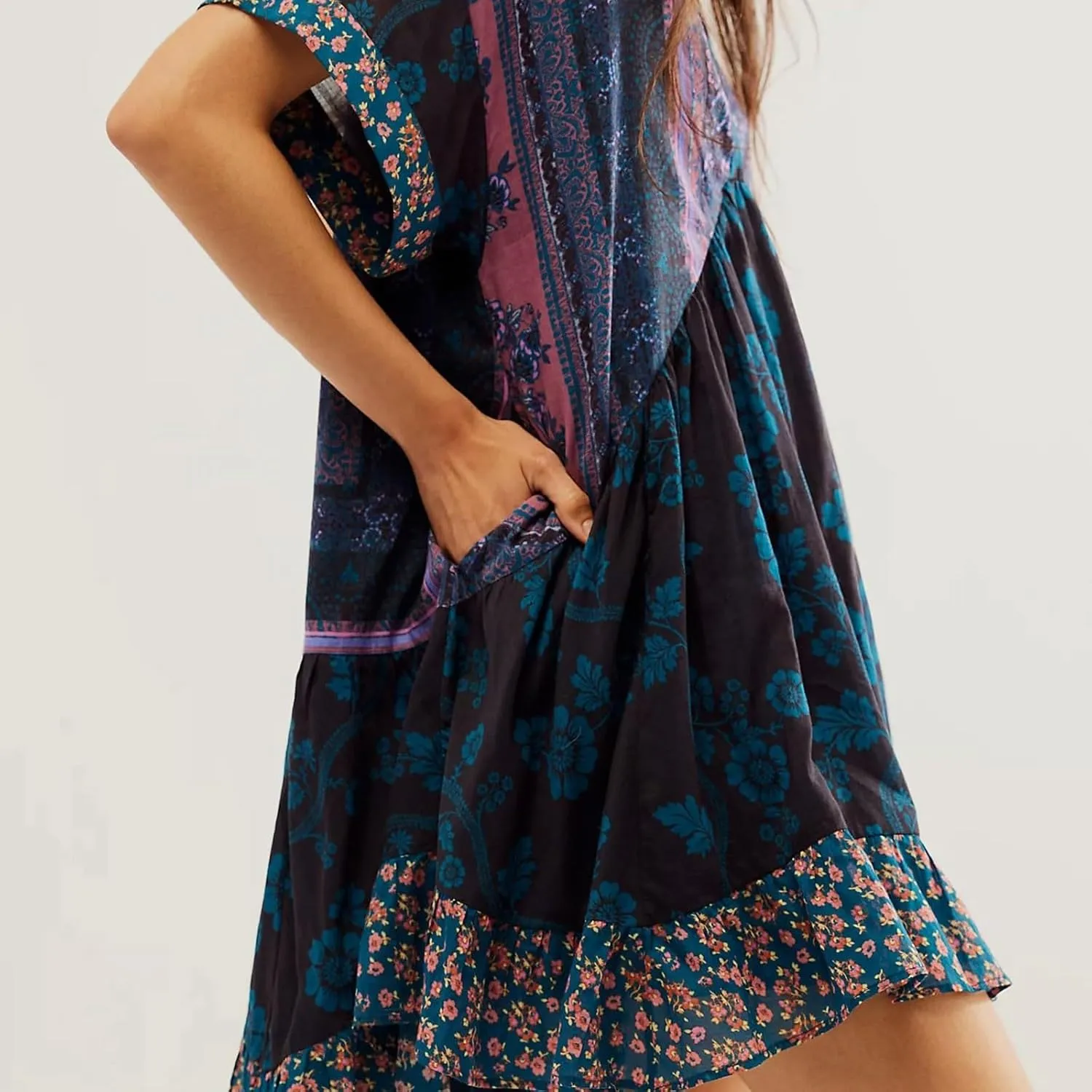 Womens Summer Dresses Short Sleeve V Neck Casual Beach Dresses Vintage Boho Dress A-Line Swing Mini Babydoll Dress