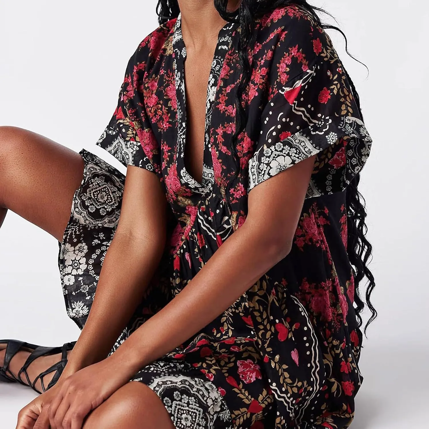 Womens Summer Dresses Short Sleeve V Neck Casual Beach Dresses Vintage Boho Dress A-Line Swing Mini Babydoll Dress
