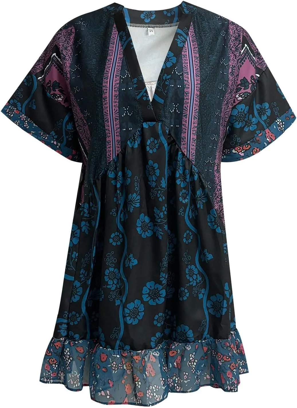 Womens Summer Dresses Short Sleeve V Neck Casual Beach Dresses Vintage Boho Dress A-Line Swing Mini Babydoll Dress