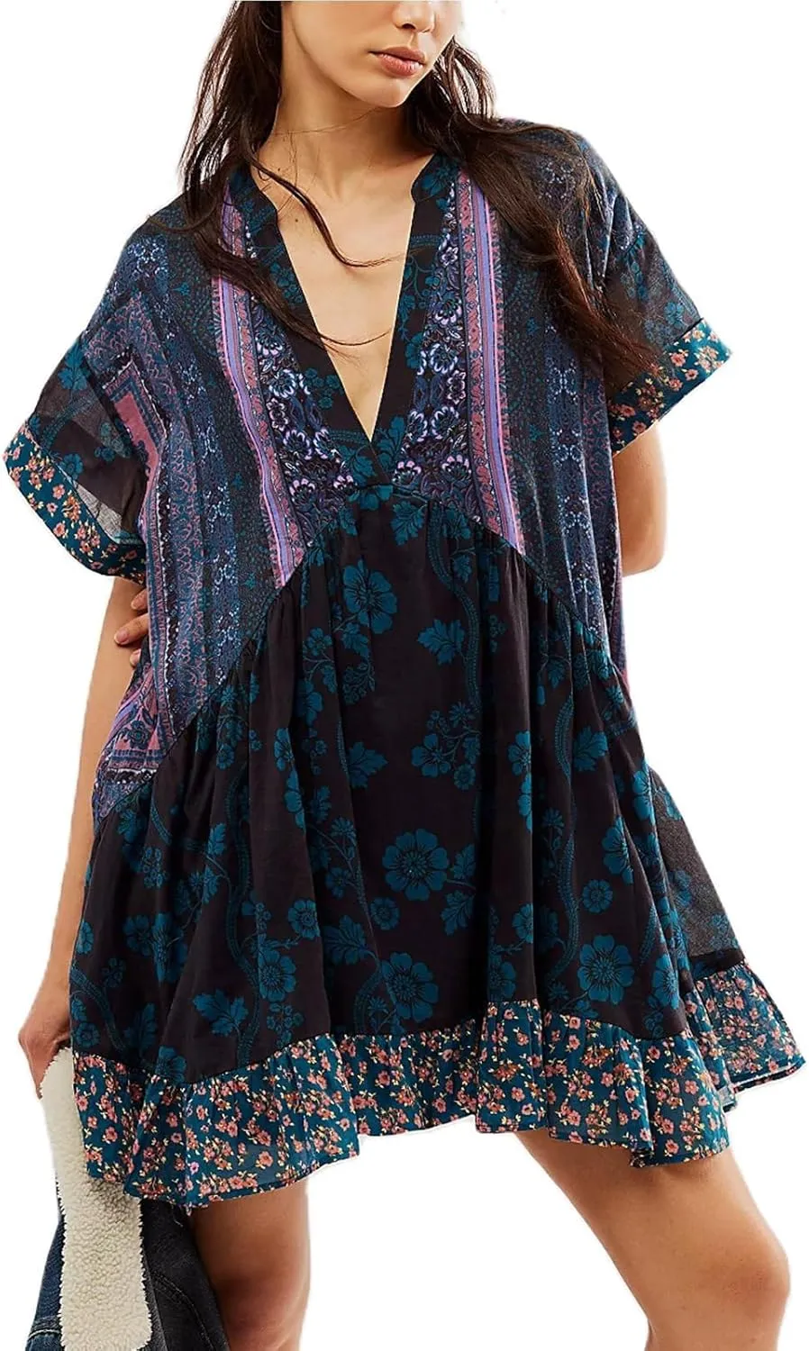 Womens Summer Dresses Short Sleeve V Neck Casual Beach Dresses Vintage Boho Dress A-Line Swing Mini Babydoll Dress