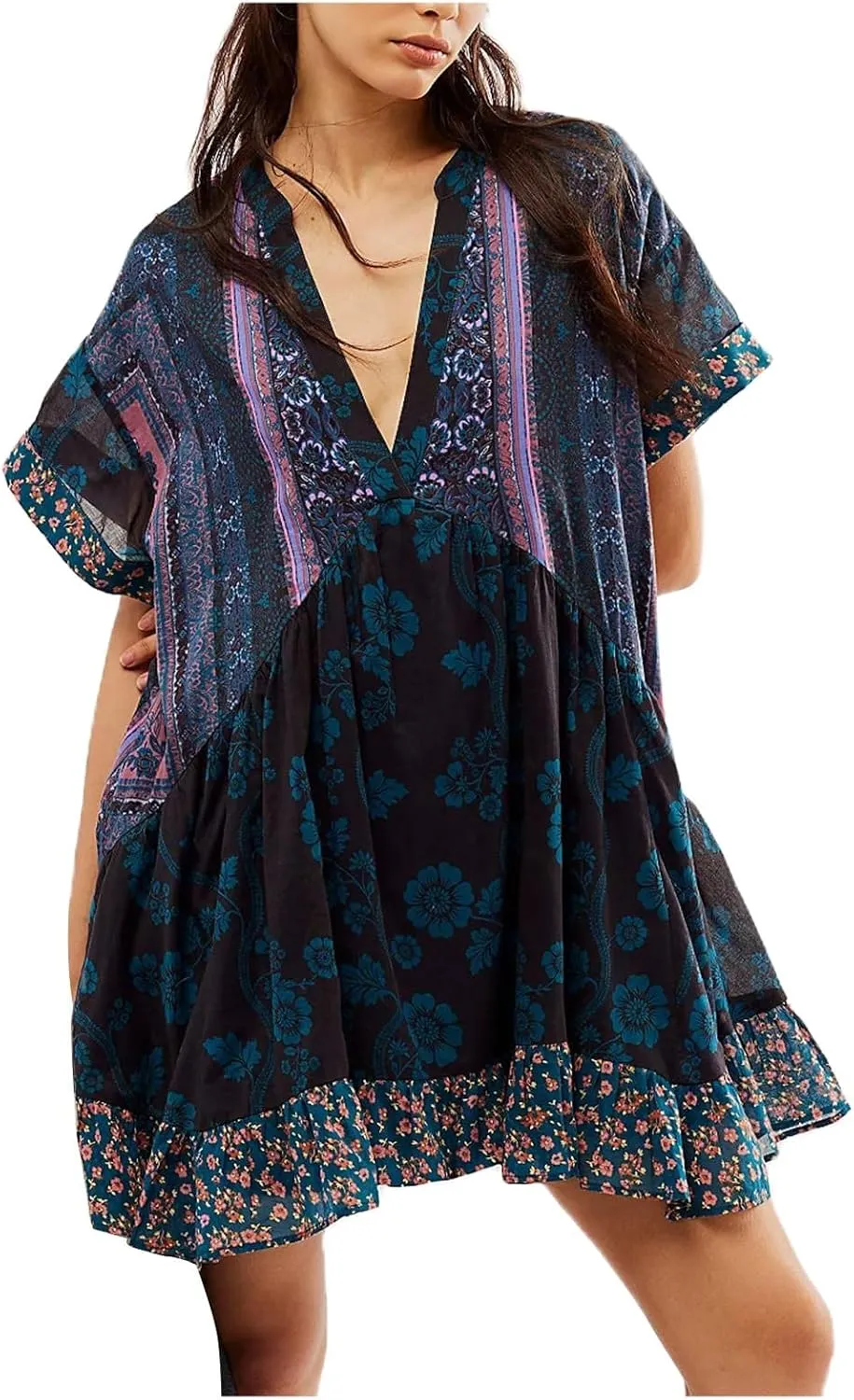 Womens Summer Dresses Short Sleeve V Neck Casual Beach Dresses Vintage Boho Dress A-Line Swing Mini Babydoll Dress
