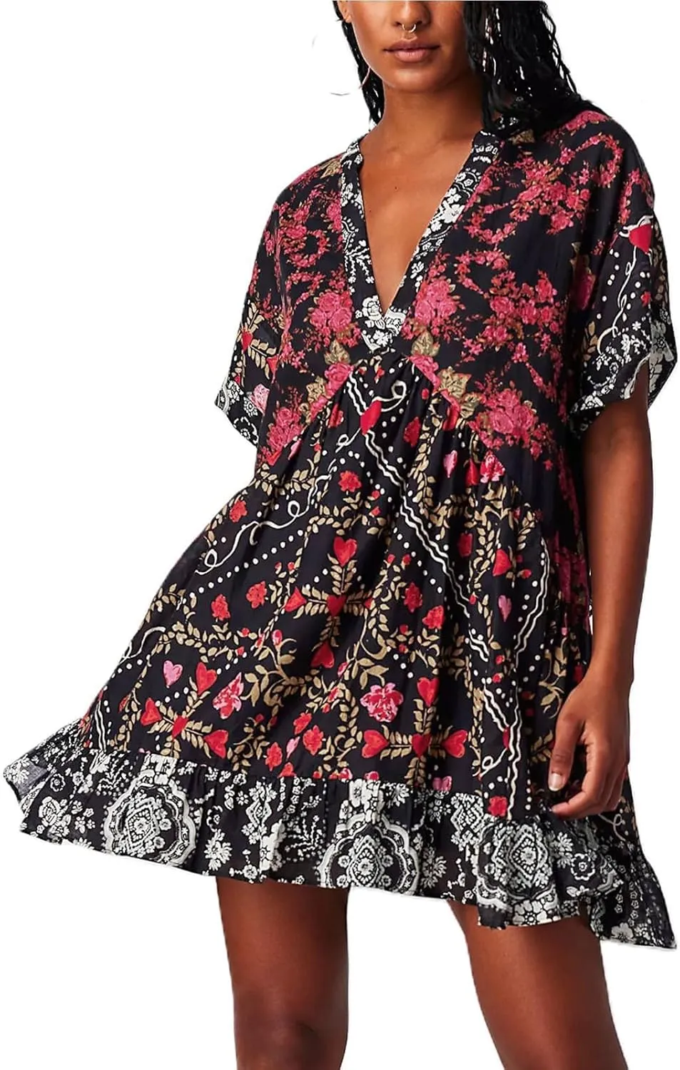 Womens Summer Dresses Short Sleeve V Neck Casual Beach Dresses Vintage Boho Dress A-Line Swing Mini Babydoll Dress