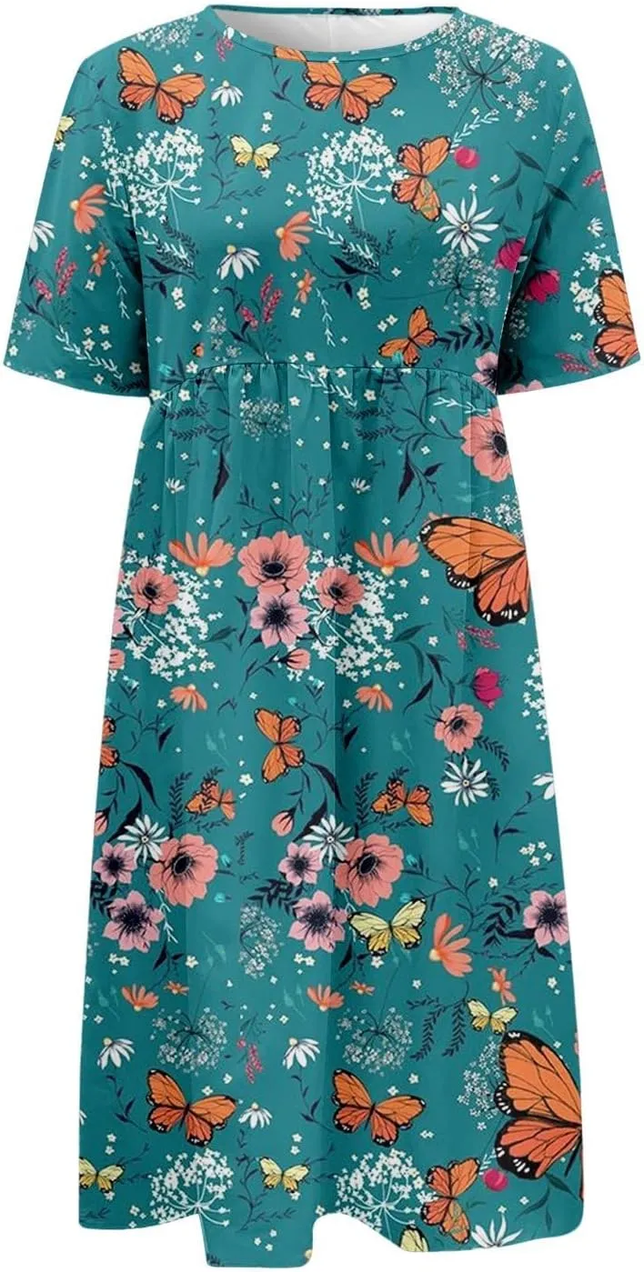 Women's Summer Floral Maxi Dress Trendy Graphic Print Short Sleeve Crewneck Dress Ruffle Swing Beach Long Dresses