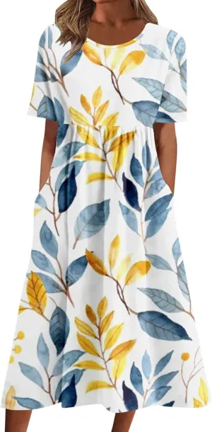 Women's Summer Floral Maxi Dress Trendy Graphic Print Short Sleeve Crewneck Dress Ruffle Swing Beach Long Dresses