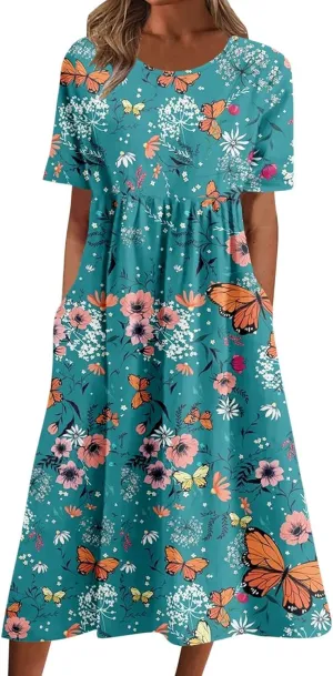 Women's Summer Floral Maxi Dress Trendy Graphic Print Short Sleeve Crewneck Dress Ruffle Swing Beach Long Dresses