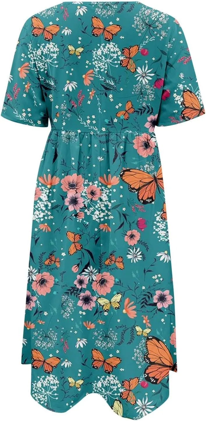 Women's Summer Floral Maxi Dress Trendy Graphic Print Short Sleeve Crewneck Dress Ruffle Swing Beach Long Dresses