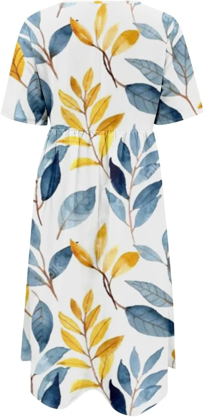Women's Summer Floral Maxi Dress Trendy Graphic Print Short Sleeve Crewneck Dress Ruffle Swing Beach Long Dresses